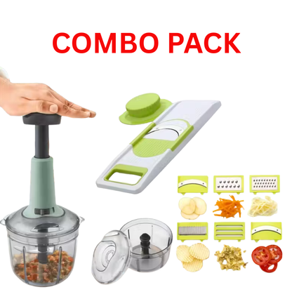 Combo Pack Manual Push Chopper & 6-In-1 Vegetable Slicer Cutter Set for Kitchen | Manual Chopper + Vegetable Slicer Combo Pack